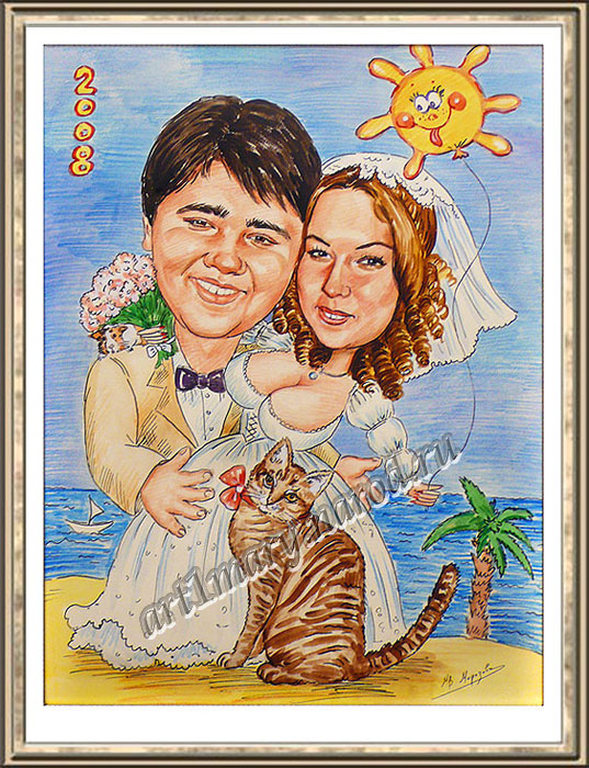 Жених с Невестой и любимым Котиком, оригинальный подарок вашим друзьям на Свадьбу - весёлый шарж на заказ, выполненный пастелью на бумаге.